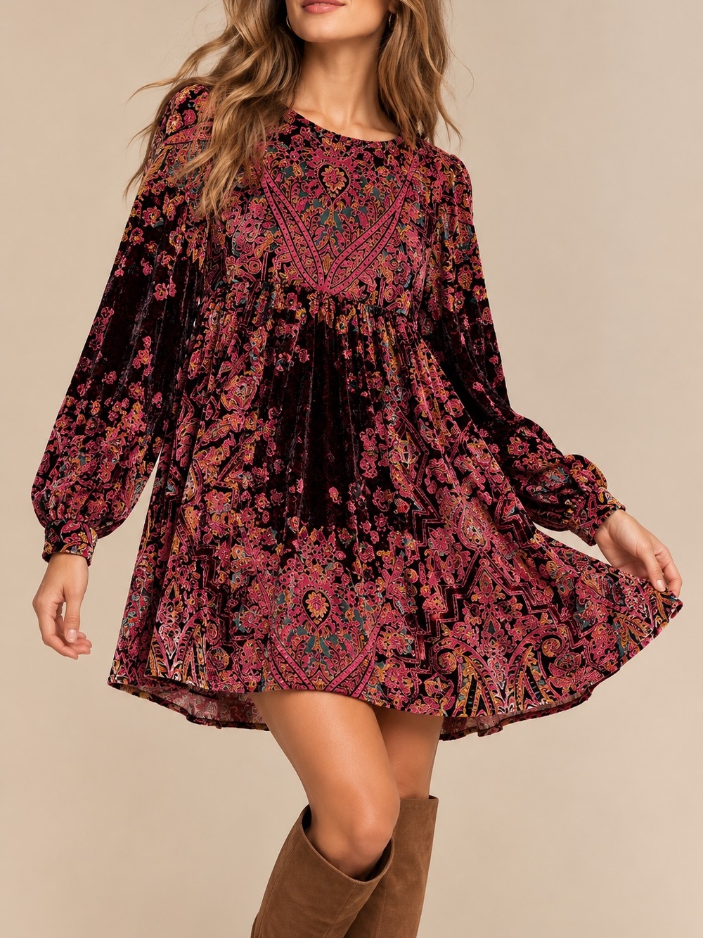 Free People Pink Floral Velvet Long-Sleeve Boho Dress